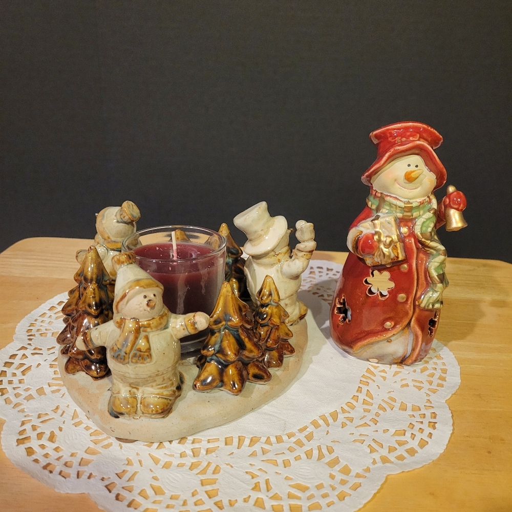 Pair of Non-Traditional Snowmen Candle Holders with Candles